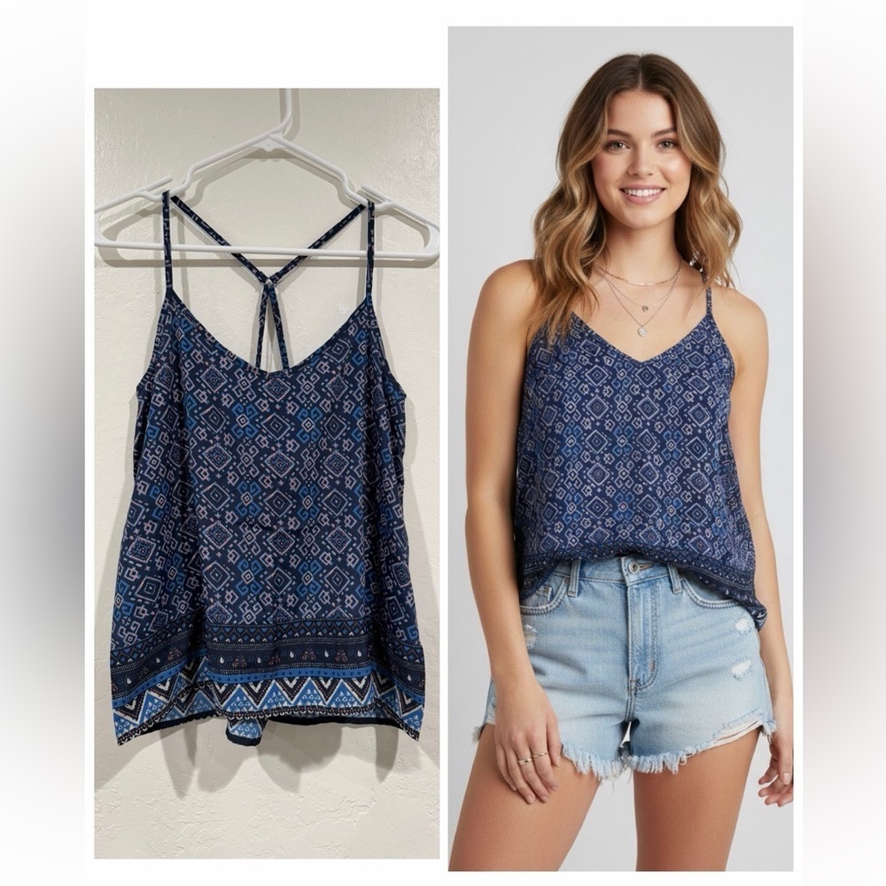 Hollister Blue Boho Tribal Print Geo Mosaic Y-Back Lightweight Tank Top size M